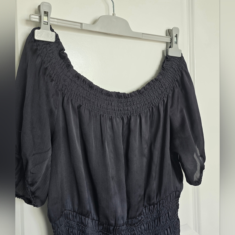 Chic‎ Smoke Gray Smocked Blouse With Ruching Waist Size M